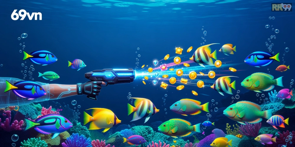 Minh họa khái niệm game bắn cá online 69vn với giao diện sống động và người chơi đang săn thưởng