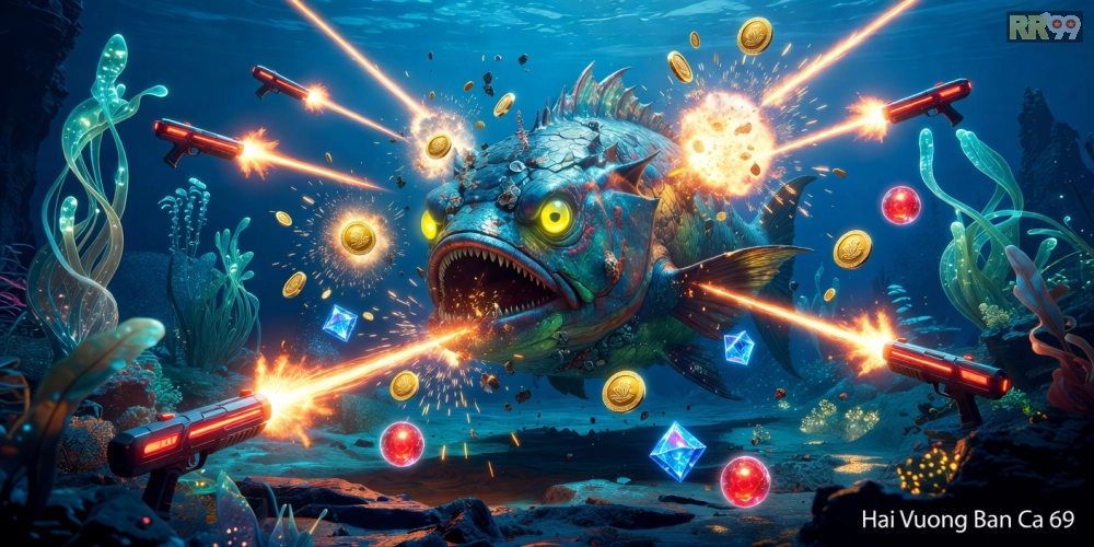 Giao diện game Hải Vương Bắn Cá 69 với boss cá khổng lồ và hiệu ứng bắn súng sống động
